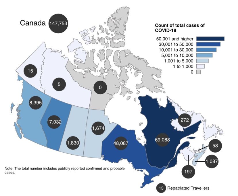 Canada map COVID-19 Coronavirus active cases