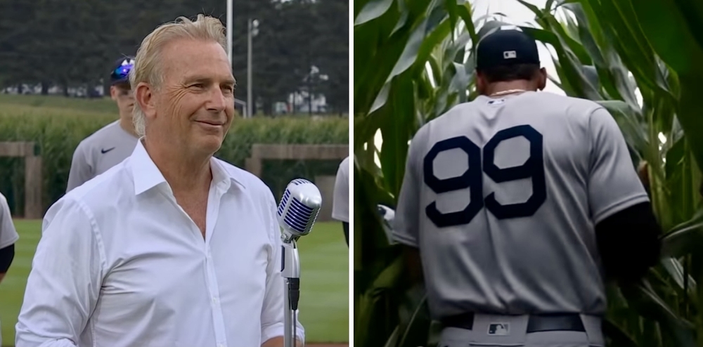 Kevin Costner leads the Yankees and White Sox out of the cornfield at MLB  at Field of Dreams! 