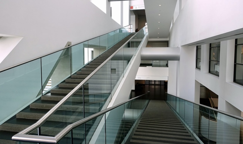 The Montreal Museum of Fine Arts staircase red flag post MBAM