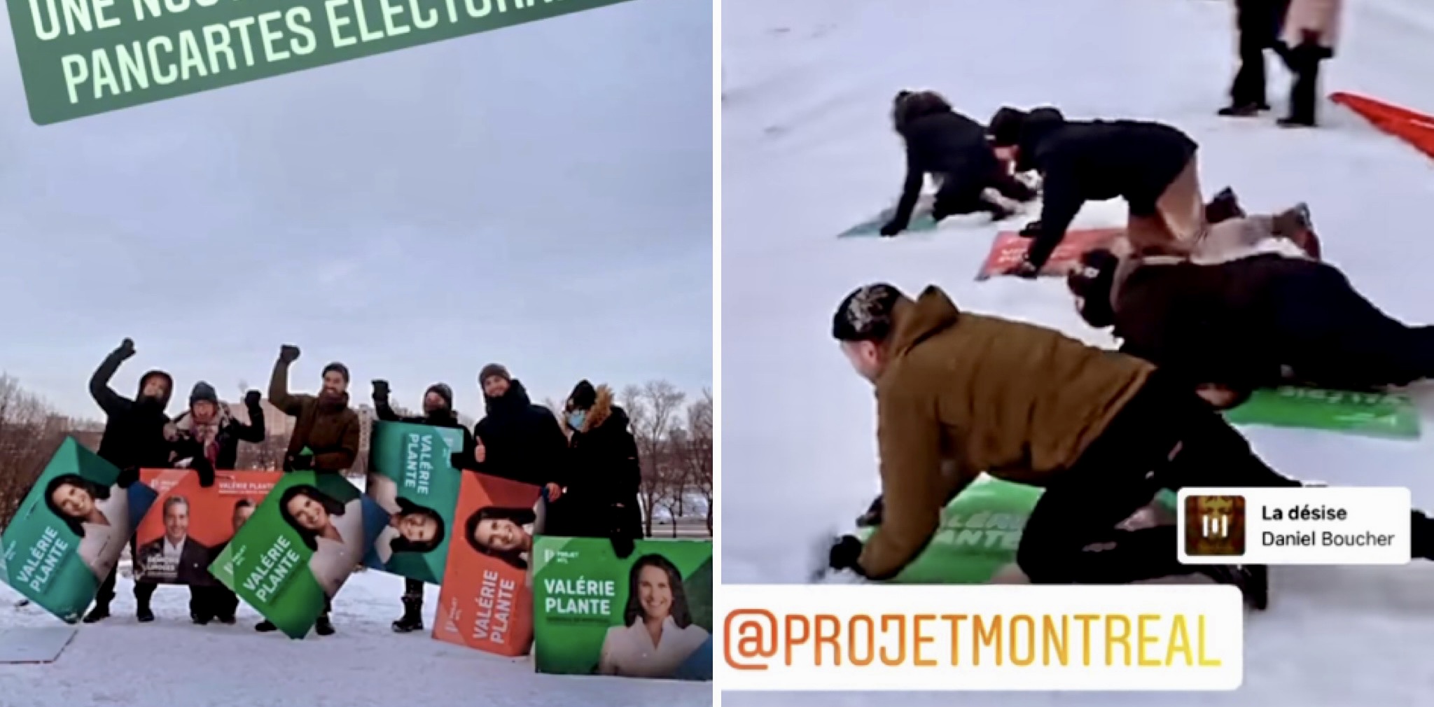 Projet Montréal took their election signs sledding on Mount Royal