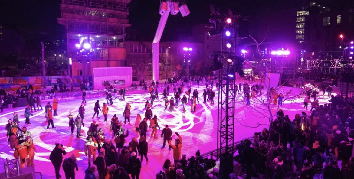The Esplanade Tranquille skating rink in the Quartier des Spectacles is open